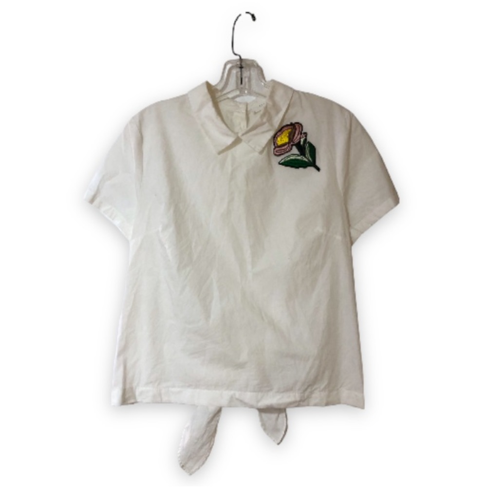 Lush White Blouse with Embroidered Flower Short Sleeve Shirt - Picture 2 of 4